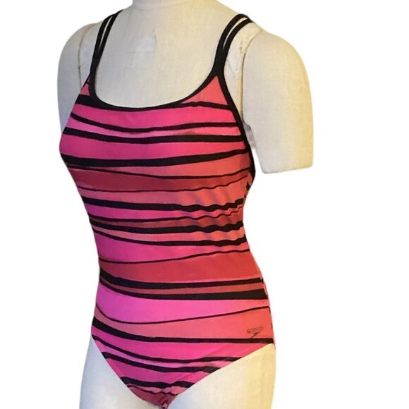 Speedo Striped One-Piece Swimsuit Cross Strap Girls Sz 10 Pink Red Black #170J - Picture 4 of 8